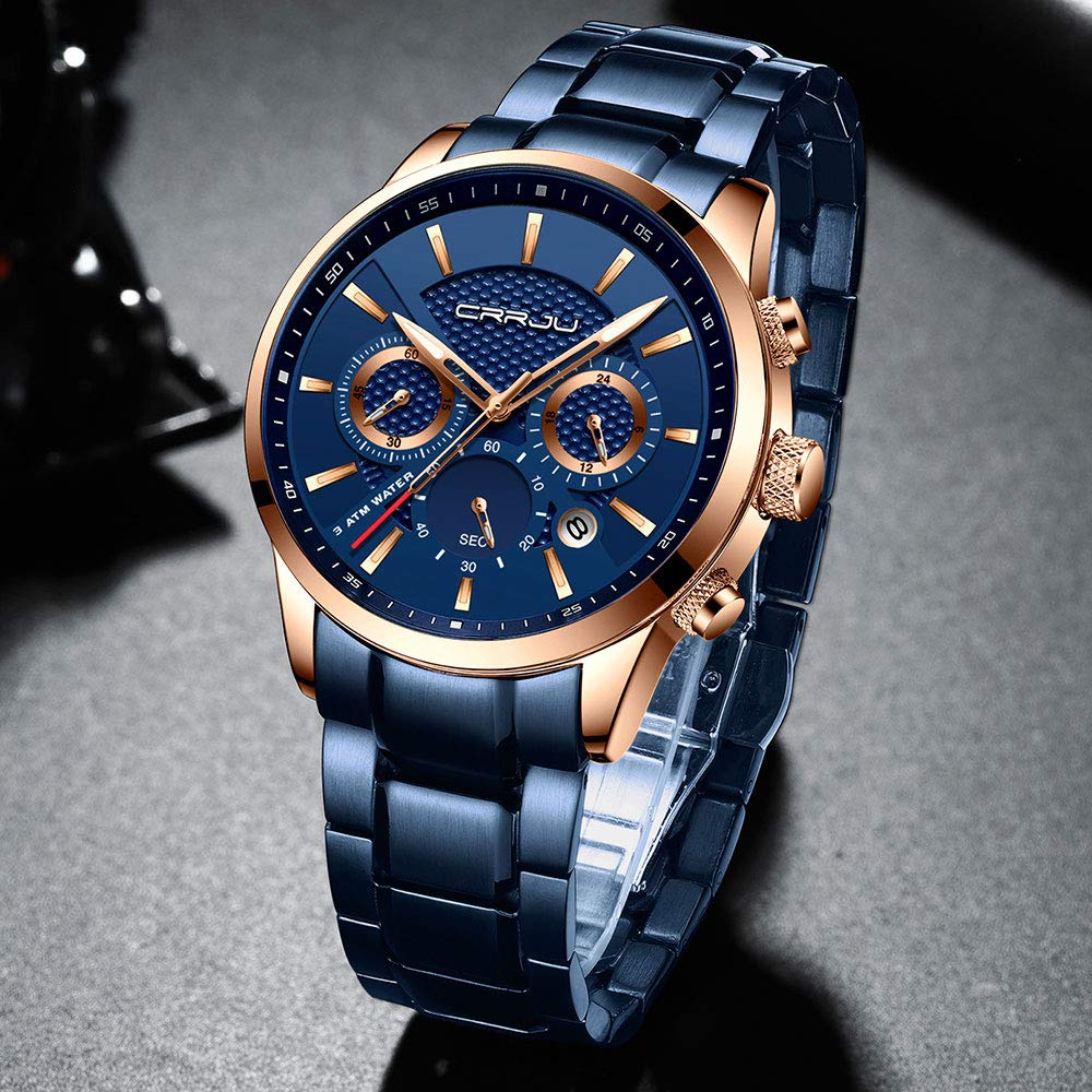 CRRJU Men's Quartz Chronograph Watch – Blue Dial and Bracelet