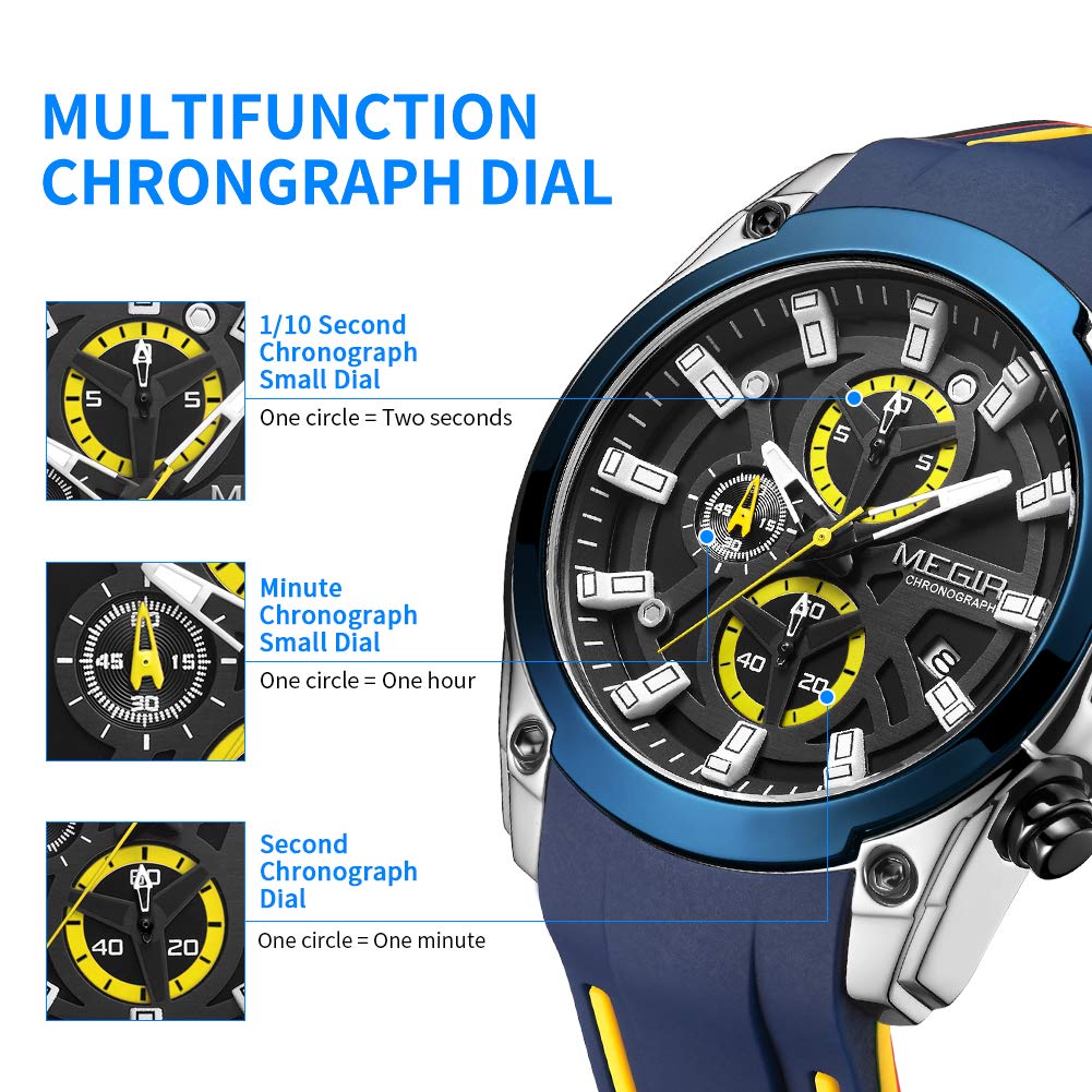 MEGIR Men's Quartz Chronograph Sports Watch - Blue & Silver