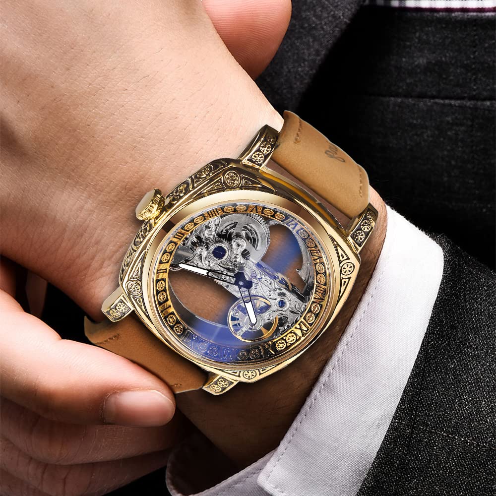 FORSINING Men's Automatic Skeleton Watch – Square Gold Dial