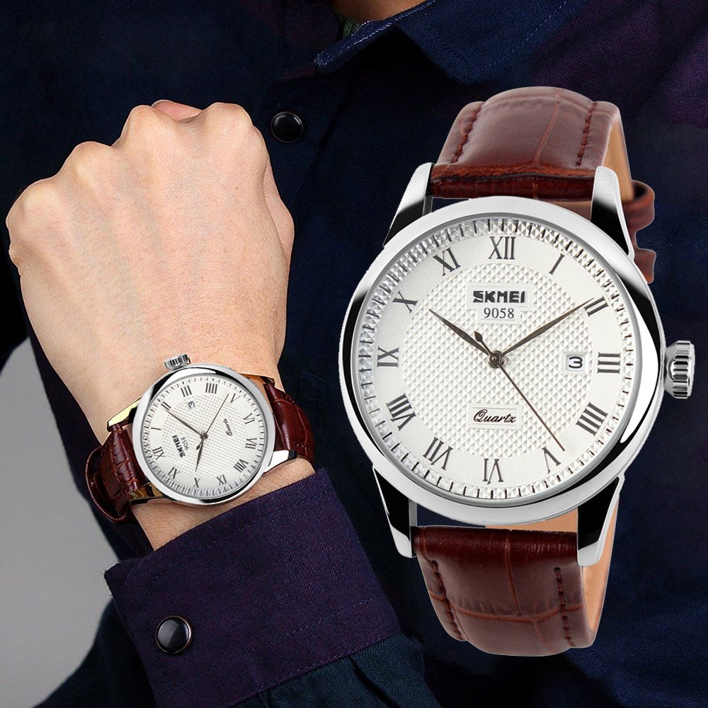 SKMEI Men's Roman-Numeral Quartz Dress Watch – Leather Strap