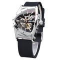 FORSINING Men's Automatic Skeleton Watch – Triangular Dial and Black Silicone Strap