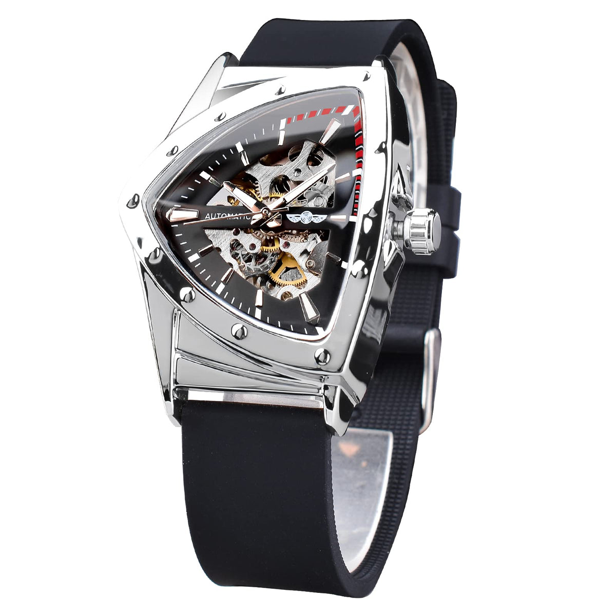 FORSINING Men's Automatic Skeleton Watch – Triangular Dial and Black Silicone Strap