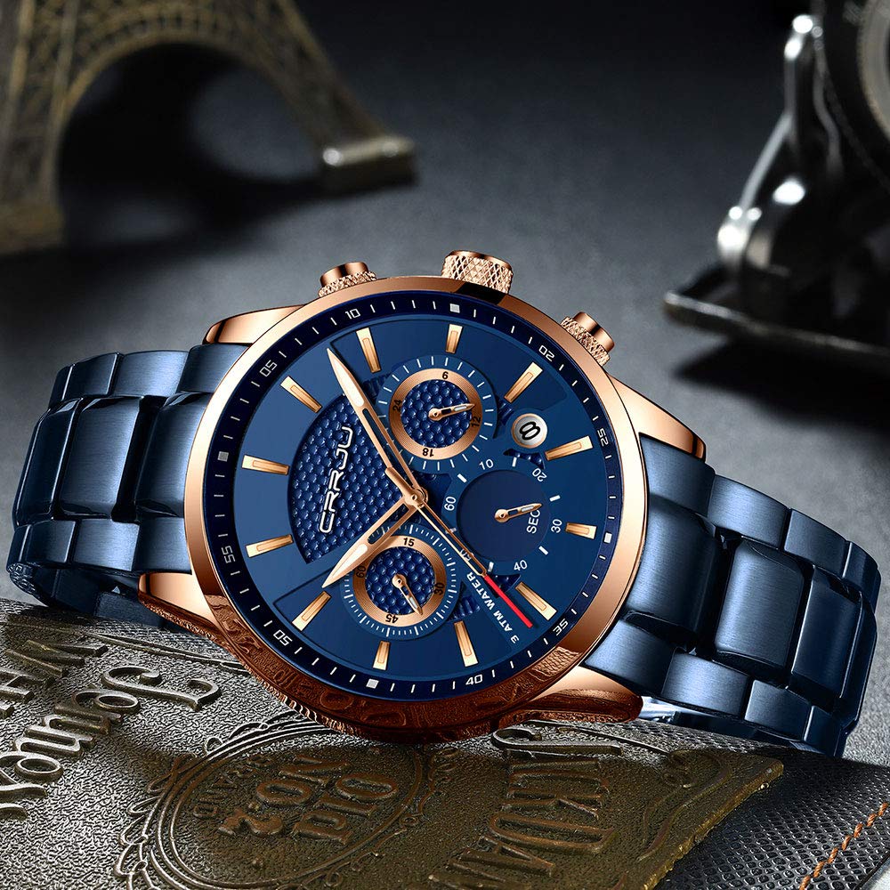 CRRJU Men's Quartz Chronograph Watch – Blue Dial and Bracelet
