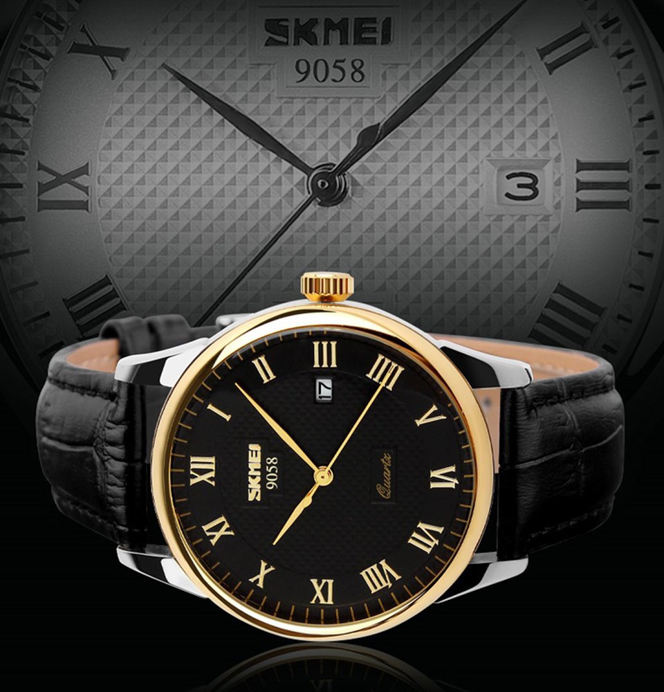 SKMEI Men's Roman-Numeral Quartz Dress Watch – Leather Strap