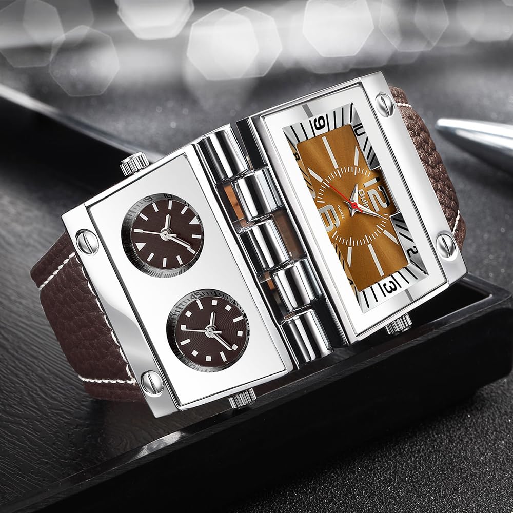 OULM 9525 Men's Quartz Triple Time-Zone Watch – Brown Leather Strap