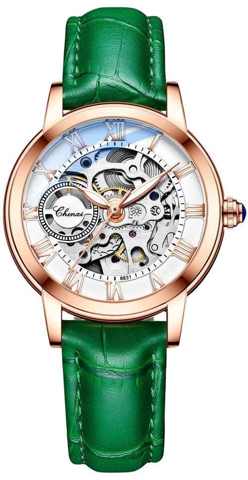 CHENXI Women's Automatic Skeleton Watch – White Dial and Leather Strap
