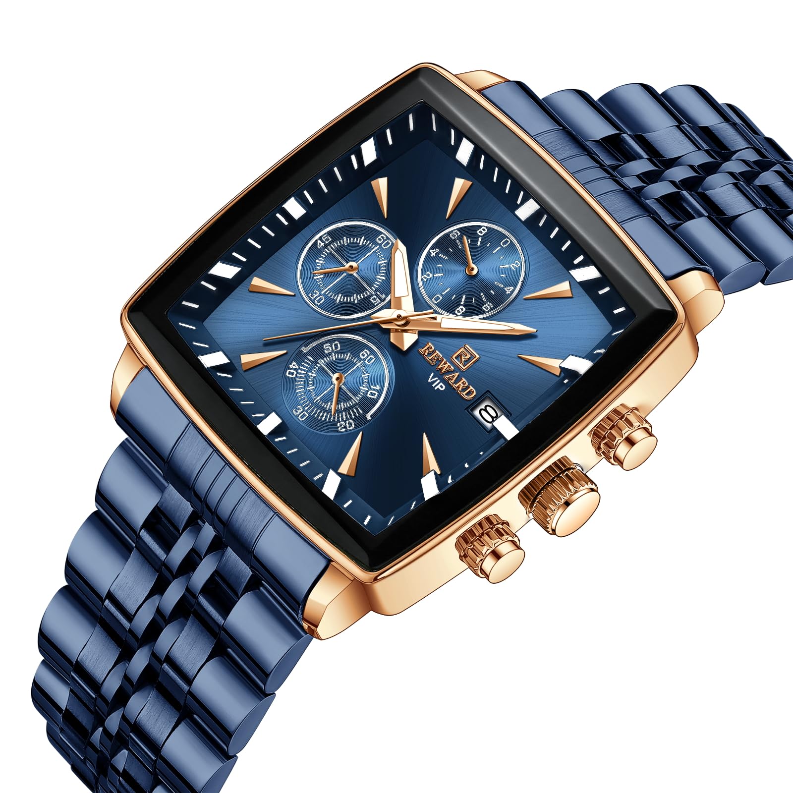 REWARD Men's Square Quartz Chronograph Watch – Blue Stainless Steel