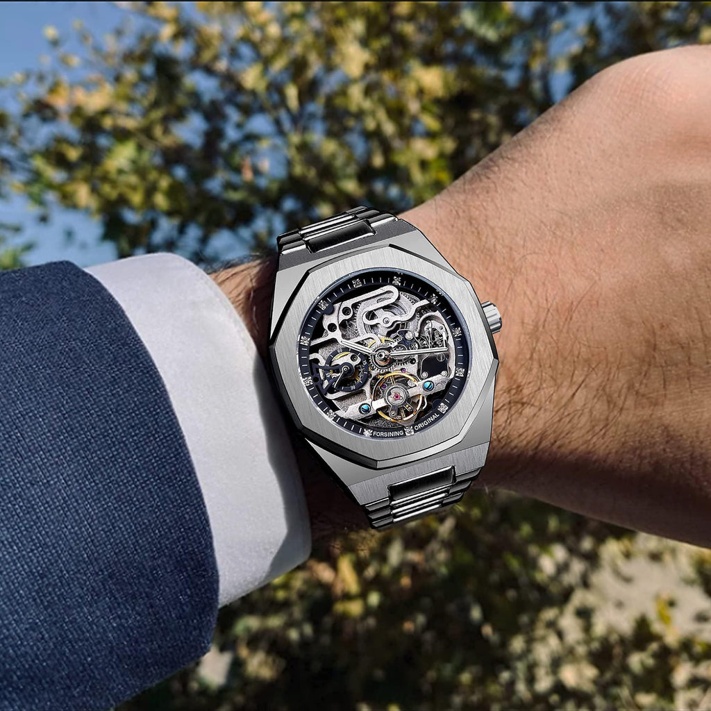 FORSINING Men's Silver Automatic Skeleton Watch – Octagonal Case
