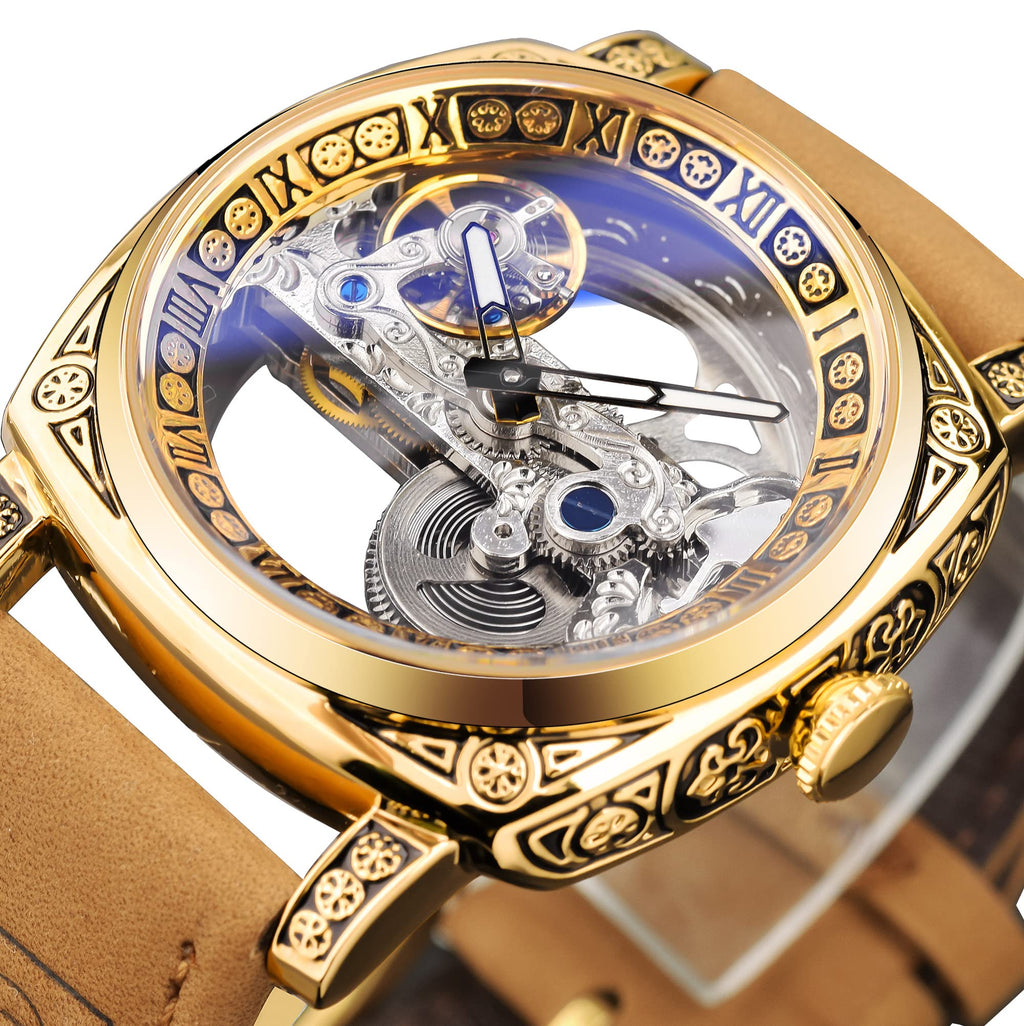FORSINING Men's Automatic Skeleton Watch – Square Gold Dial