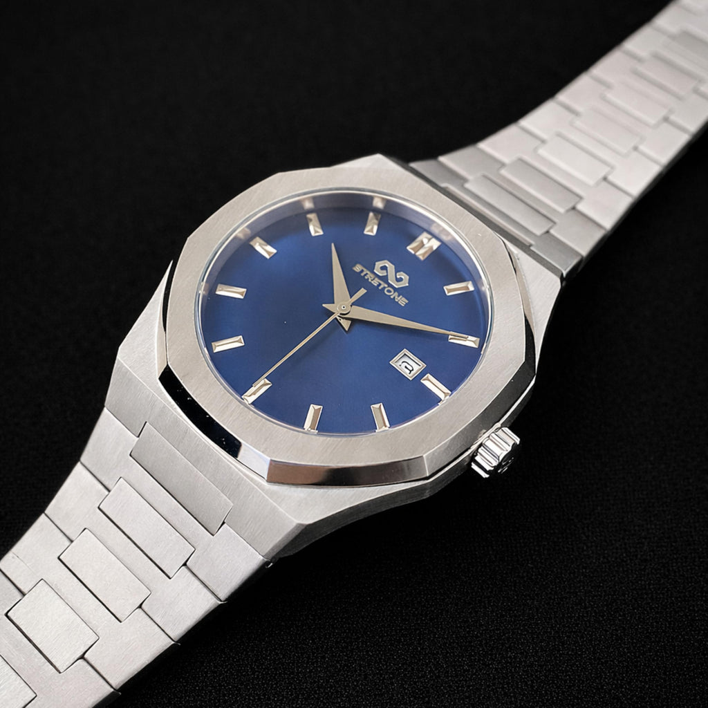 Stretone Men's Stainless Steel Octagonal Quartz Watch Blue Dial