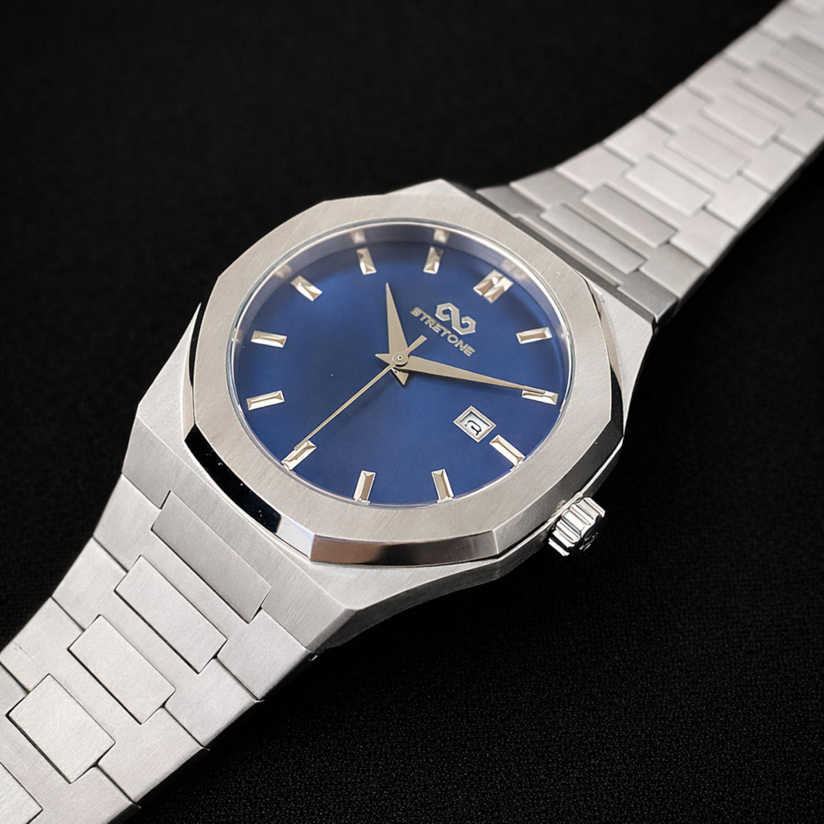 Stretone Men's Stainless Steel Octagonal Quartz Watch Blue Dial
