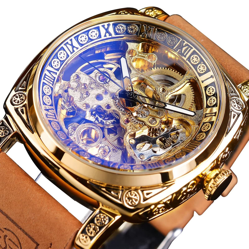 FORSINING Men's Automatic Skeleton Watch – Square Gold Dial