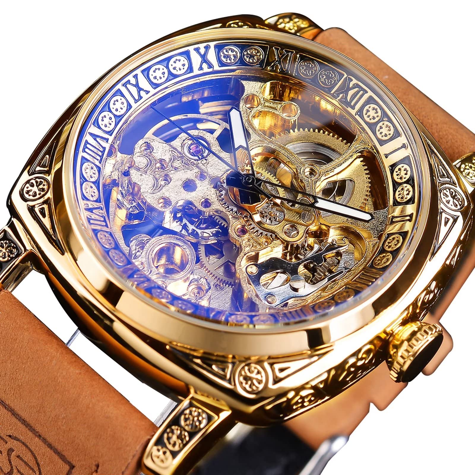 FORSINING Men's Automatic Skeleton Watch – Square Gold Dial