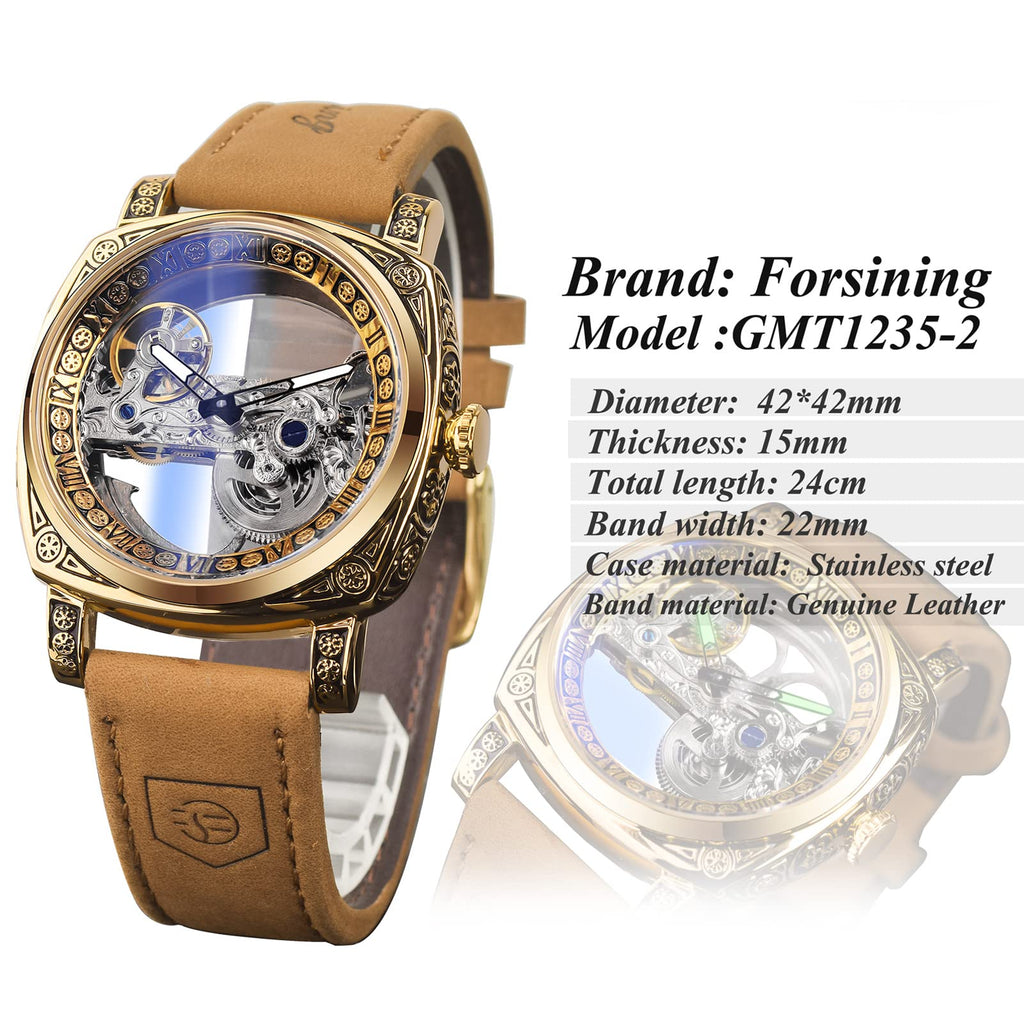 FORSINING Men's Automatic Skeleton Watch – Square Gold Dial