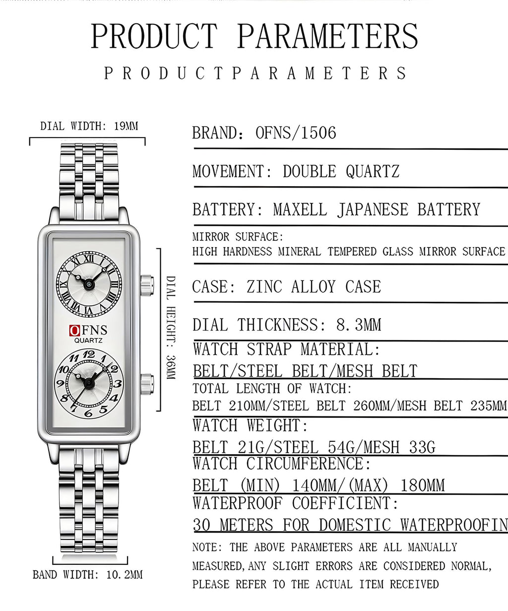 Women's Rectangular Dual-Time Quartz Watch