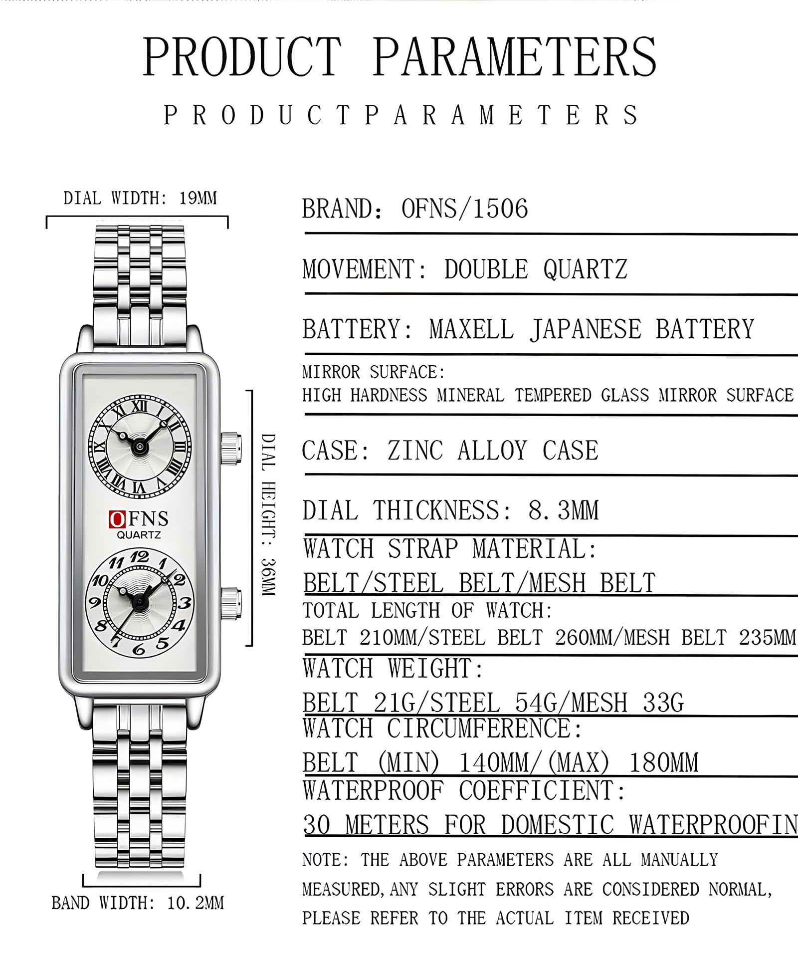 Women's Rectangular Dual-Time Quartz Watch