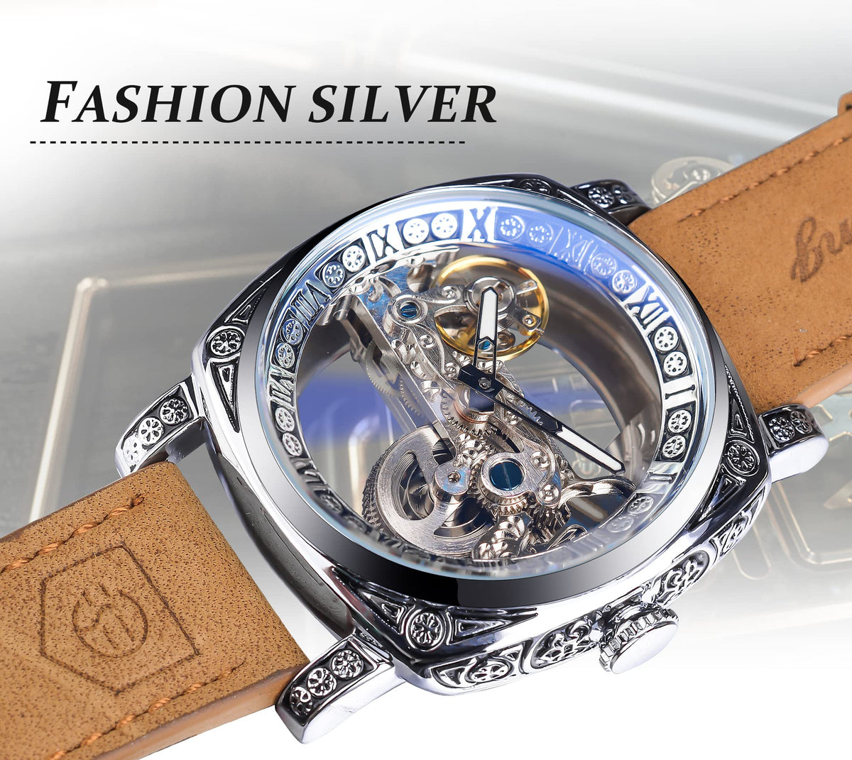 FORSINING Men's Automatic Skeleton Watch – Square Gold Dial