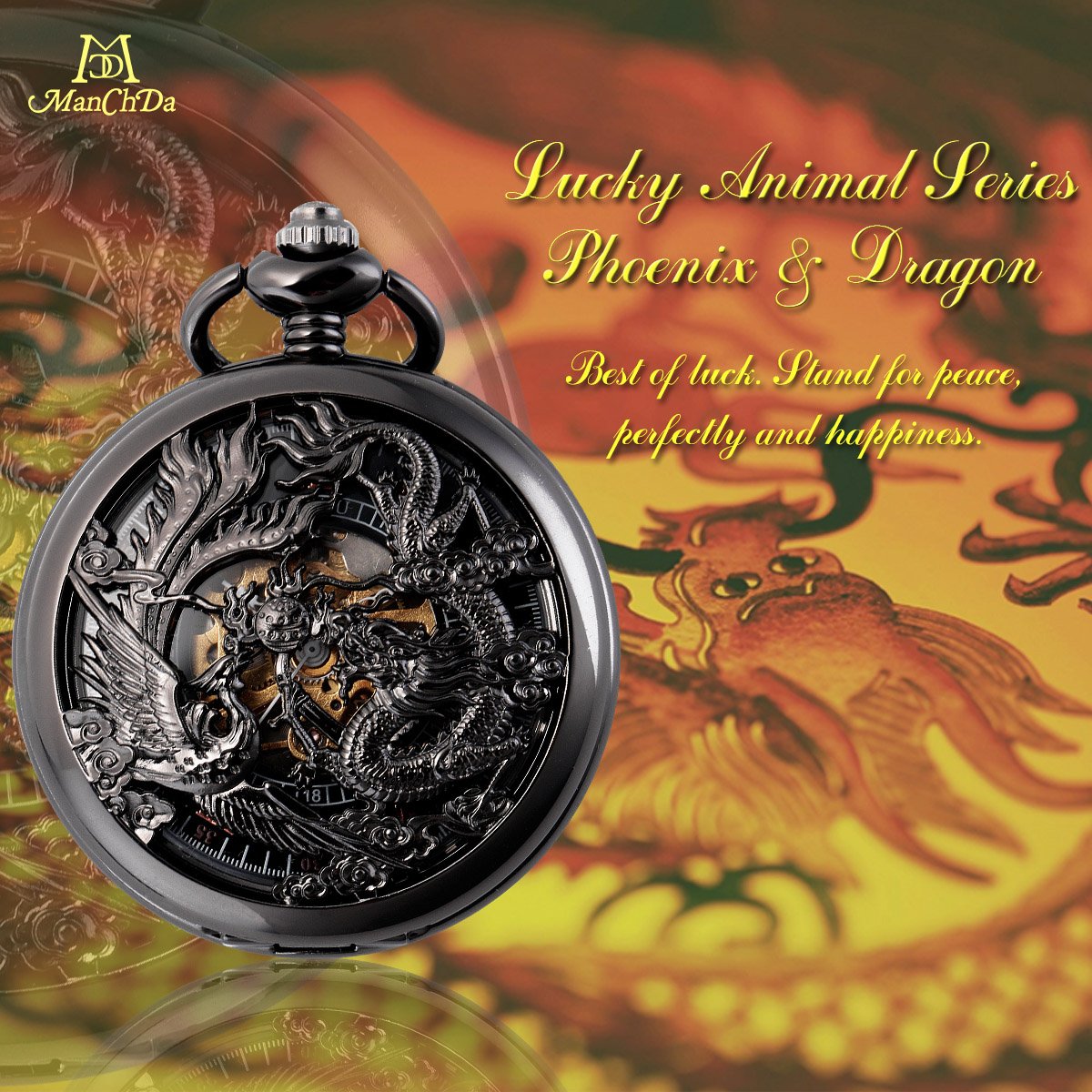 Dragon & Phoenix Unisex Manual-Wind Skeleton Pocket Watch – Black