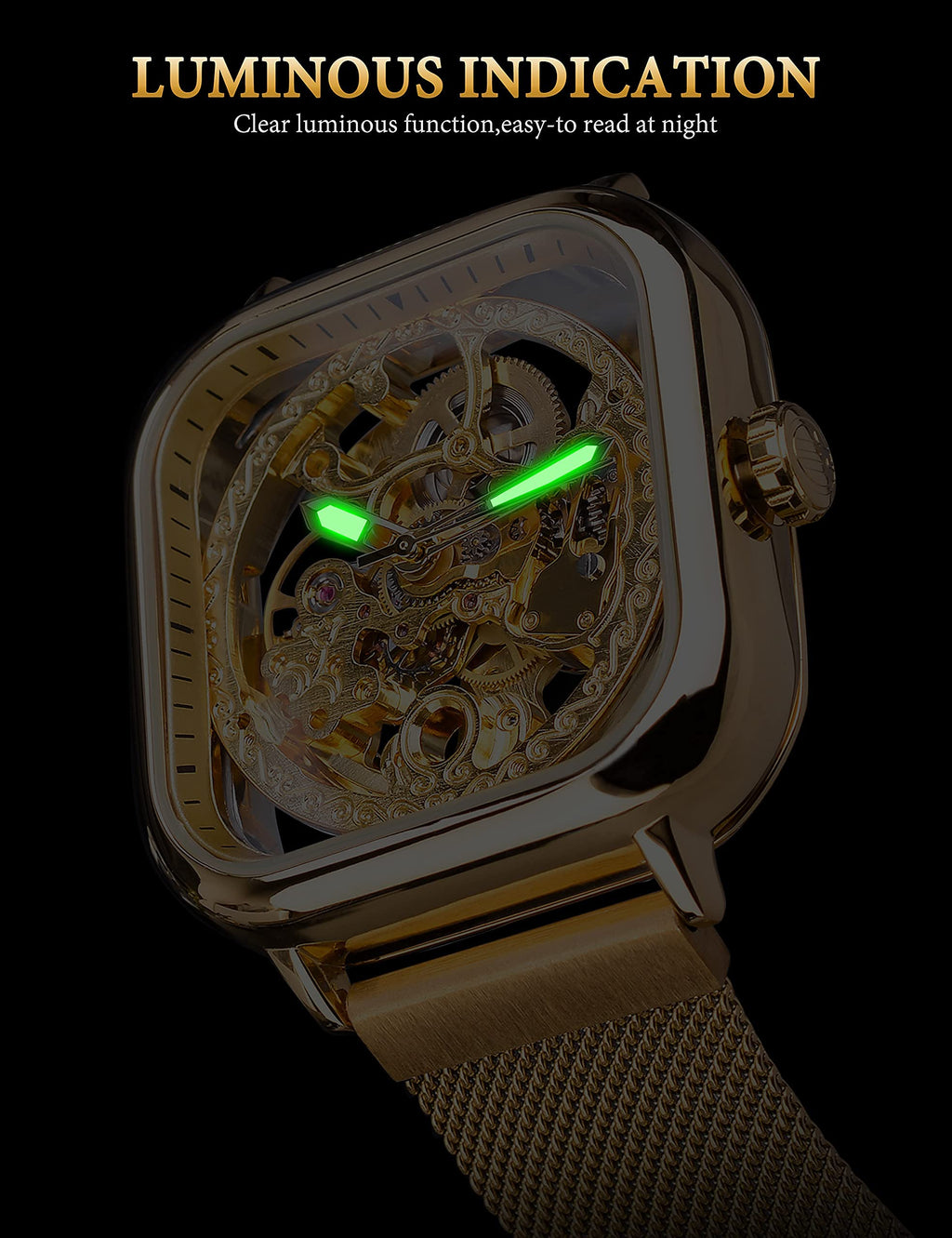 FORSINING Men's Gold Automatic Skeleton Watch – Square Case