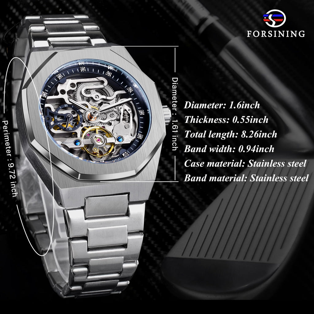 FORSINING Men's Silver Automatic Skeleton Watch – Octagonal Case