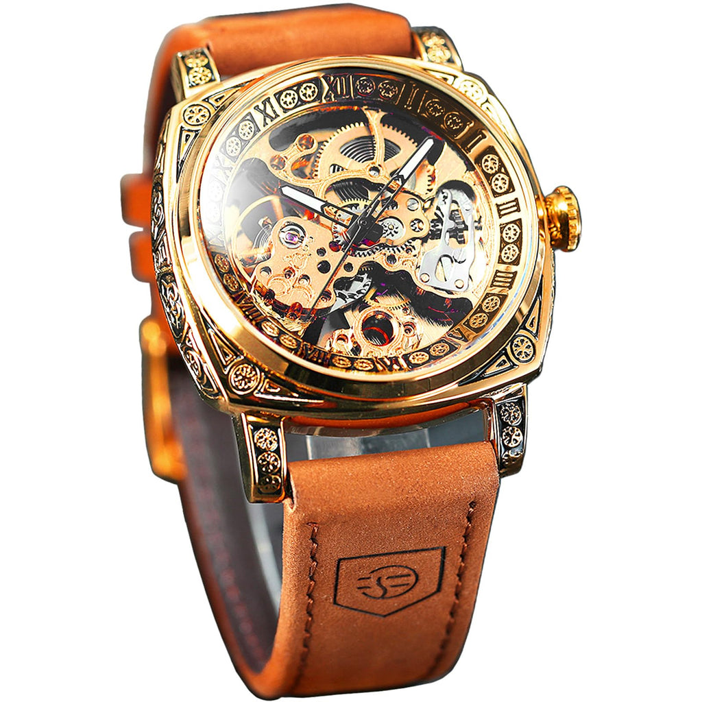 FORSINING Men's Automatic Skeleton Watch – Square Gold Dial
