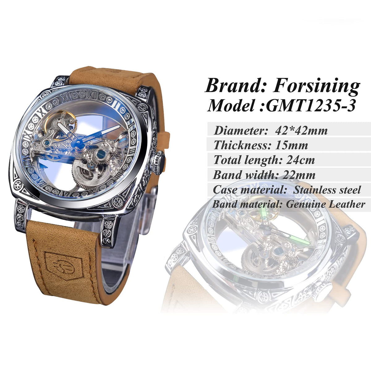 FORSINING Men's Automatic Skeleton Watch – Square Gold Dial