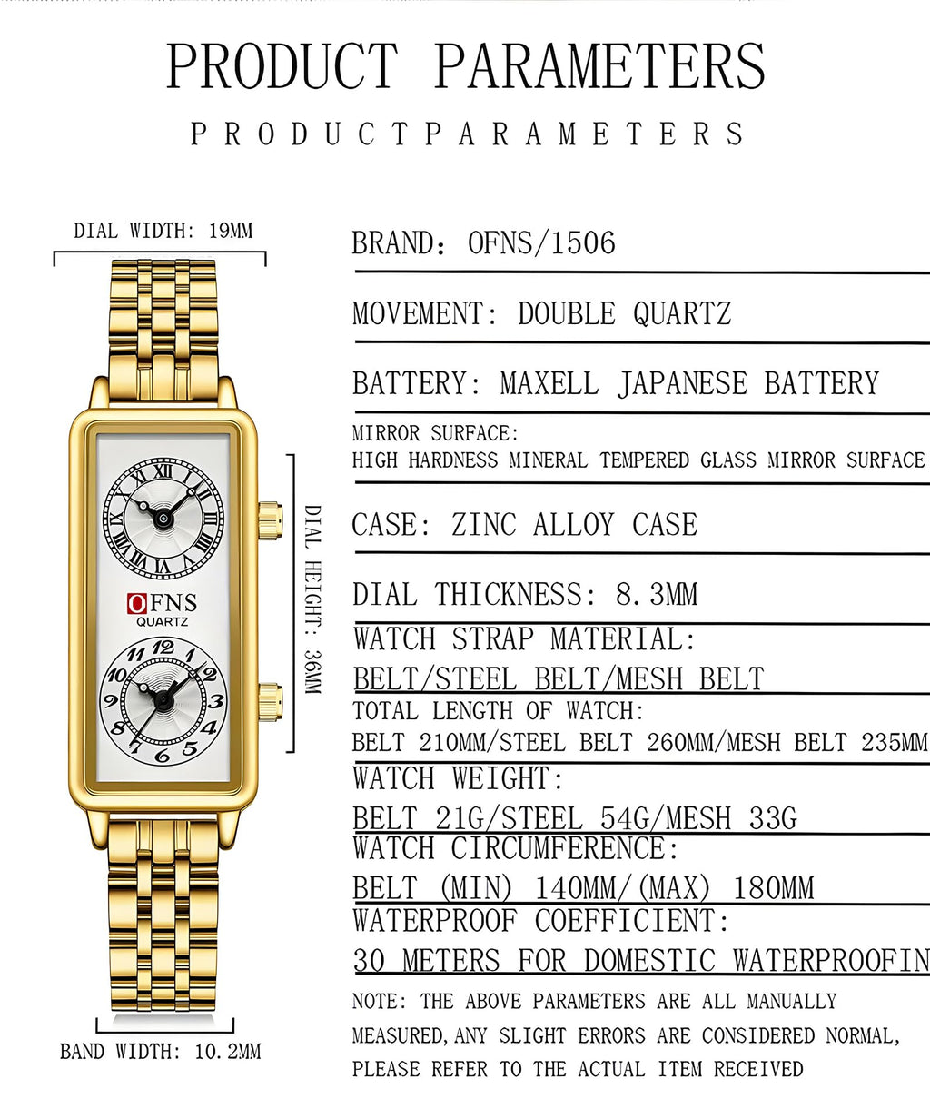 Women's Rectangular Dual-Time Quartz Watch