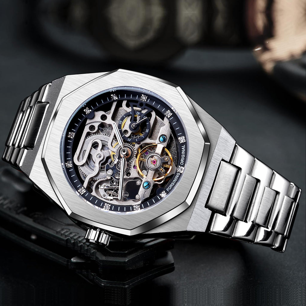 FORSINING Men's Silver Automatic Skeleton Watch – Octagonal Case