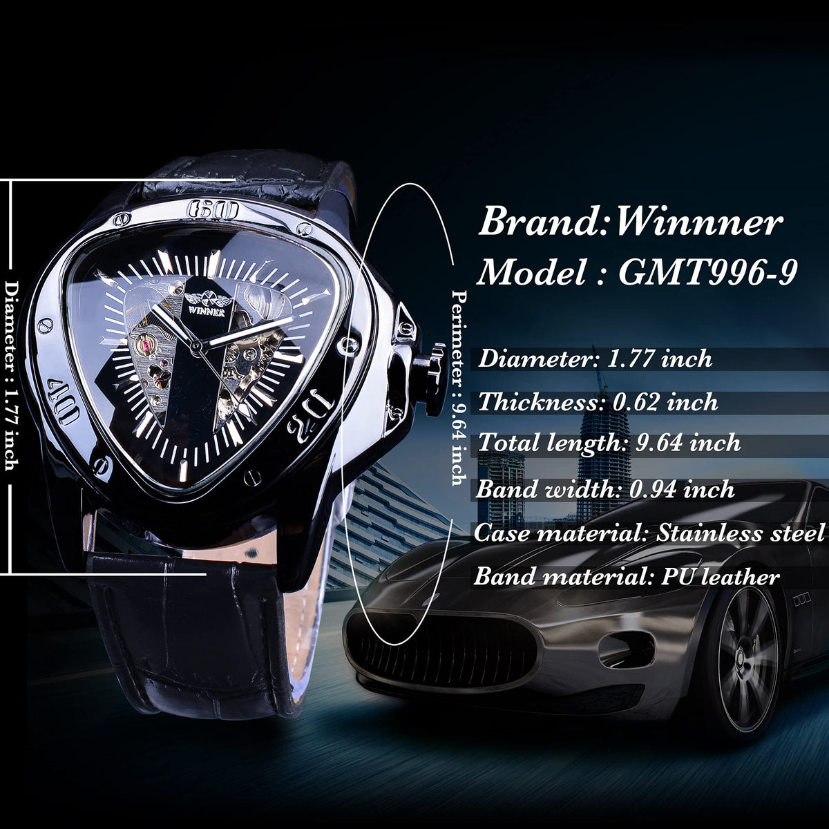 WINNER Men's Automatic Skeleton Watch – Triangular Racing Dial