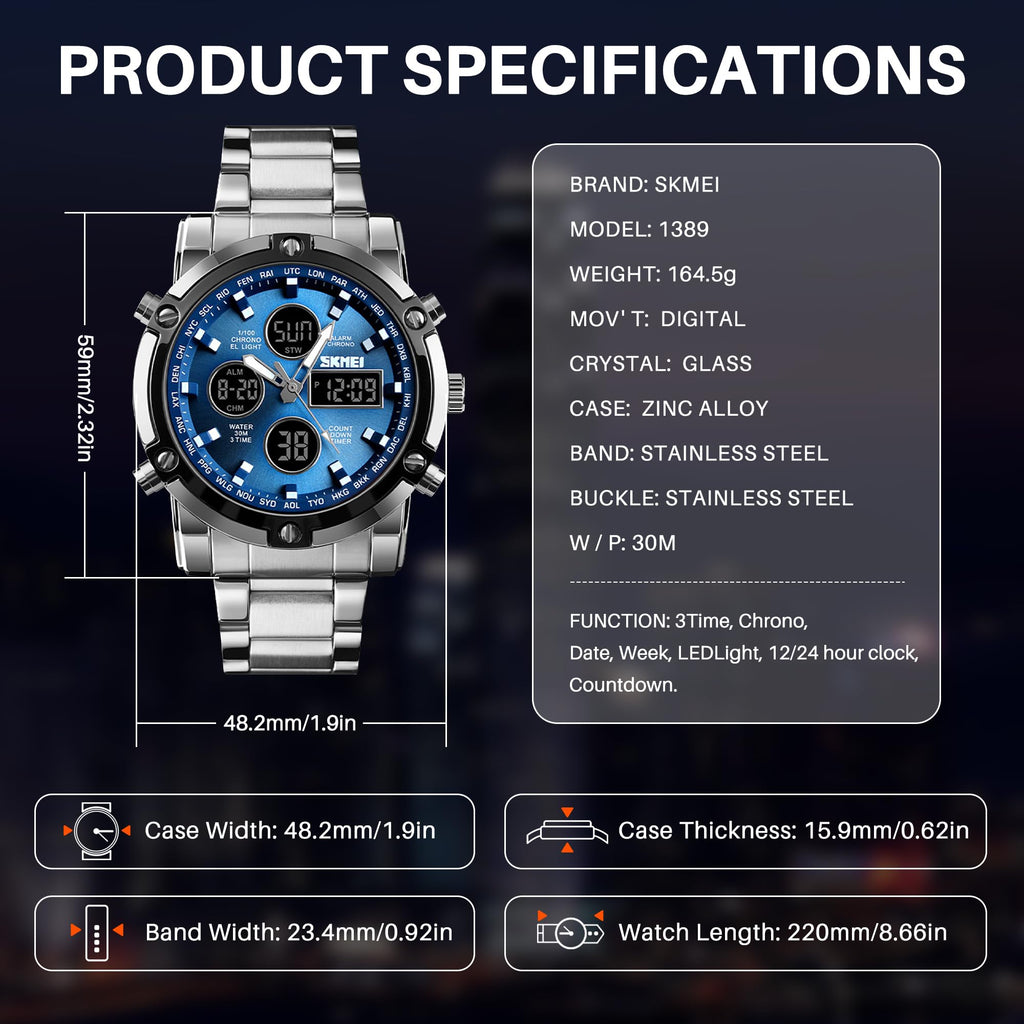 SKMEI Men's Analogue-Digital Quartz Watch – Stainless Steel Bracelet
