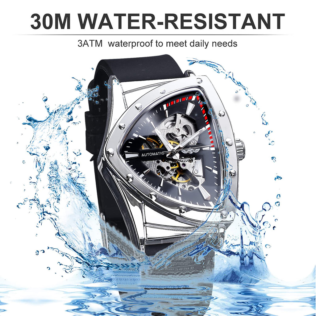 FORSINING Men's Automatic Skeleton Watch – Triangular Dial and Black Silicone Strap