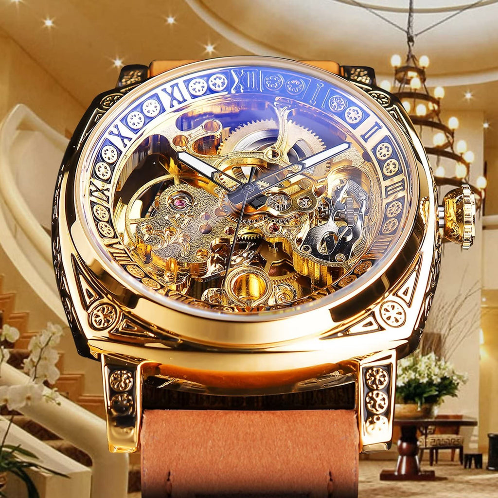 FORSINING Men's Automatic Skeleton Watch – Square Gold Dial