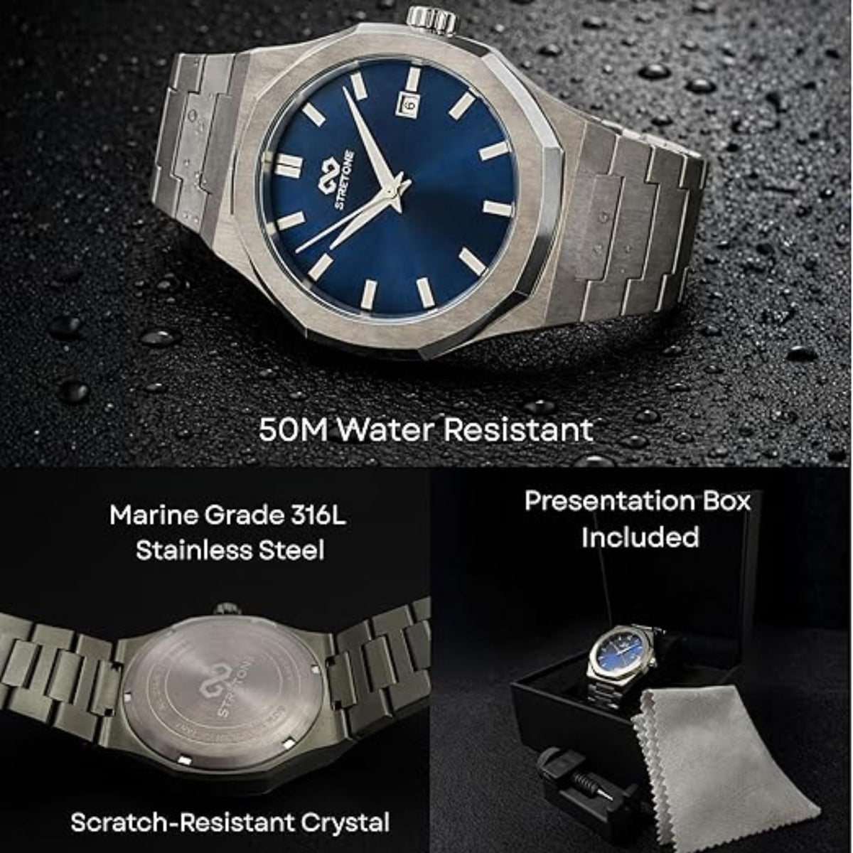 Stretone Men's Stainless Steel Octagonal Quartz Watch Blue Dial