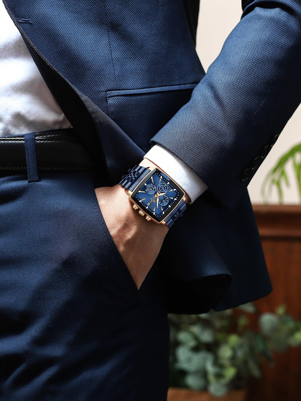REWARD Men's Square Quartz Chronograph Watch – Blue Stainless Steel