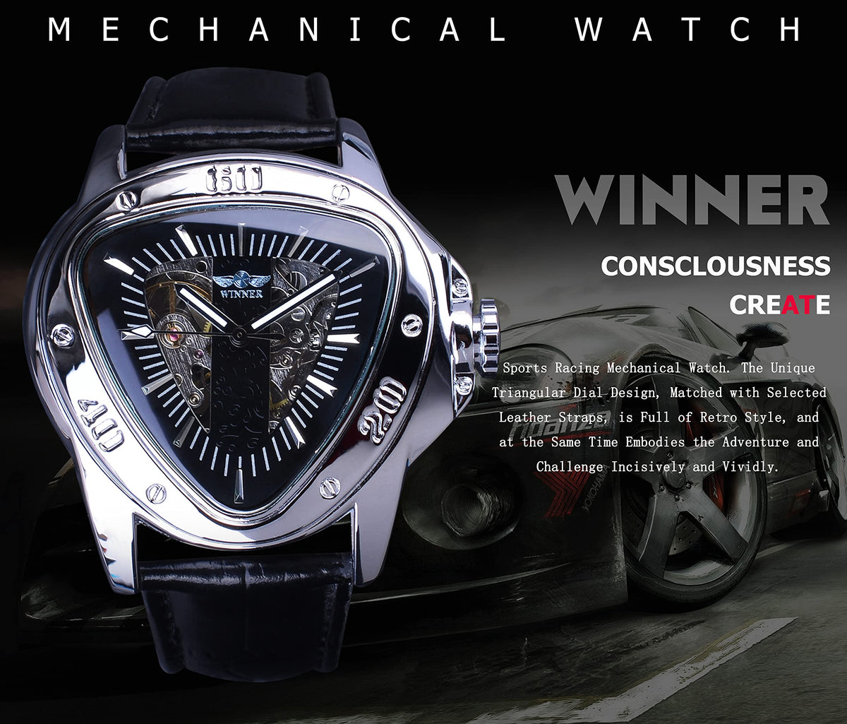 WINNER Men's Automatic Skeleton Watch – Triangular Racing Dial