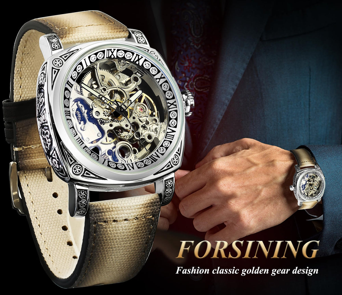 FORSINING Men's Automatic Skeleton Watch – Square Case