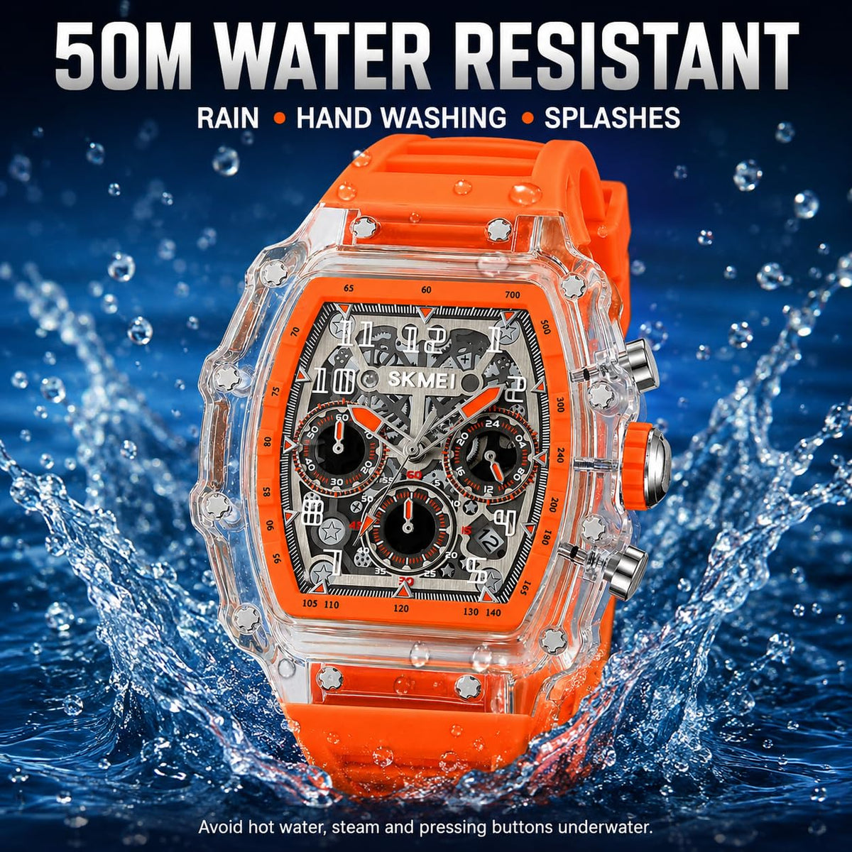SKMEI Men's Tonneau Skeleton Quartz Chronograph Watch – Silicone Strap