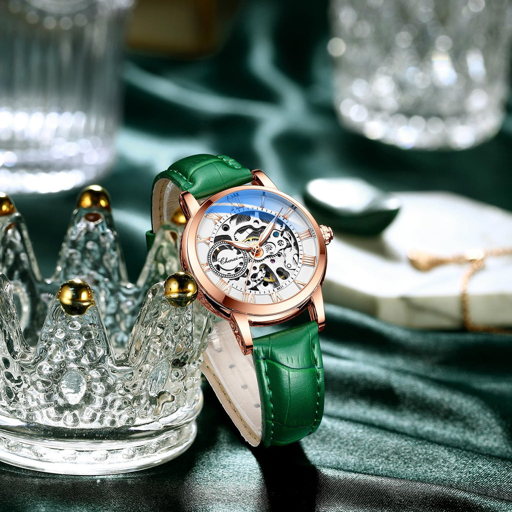 CHENXI Women's Automatic Skeleton Watch – White Dial and Leather Strap