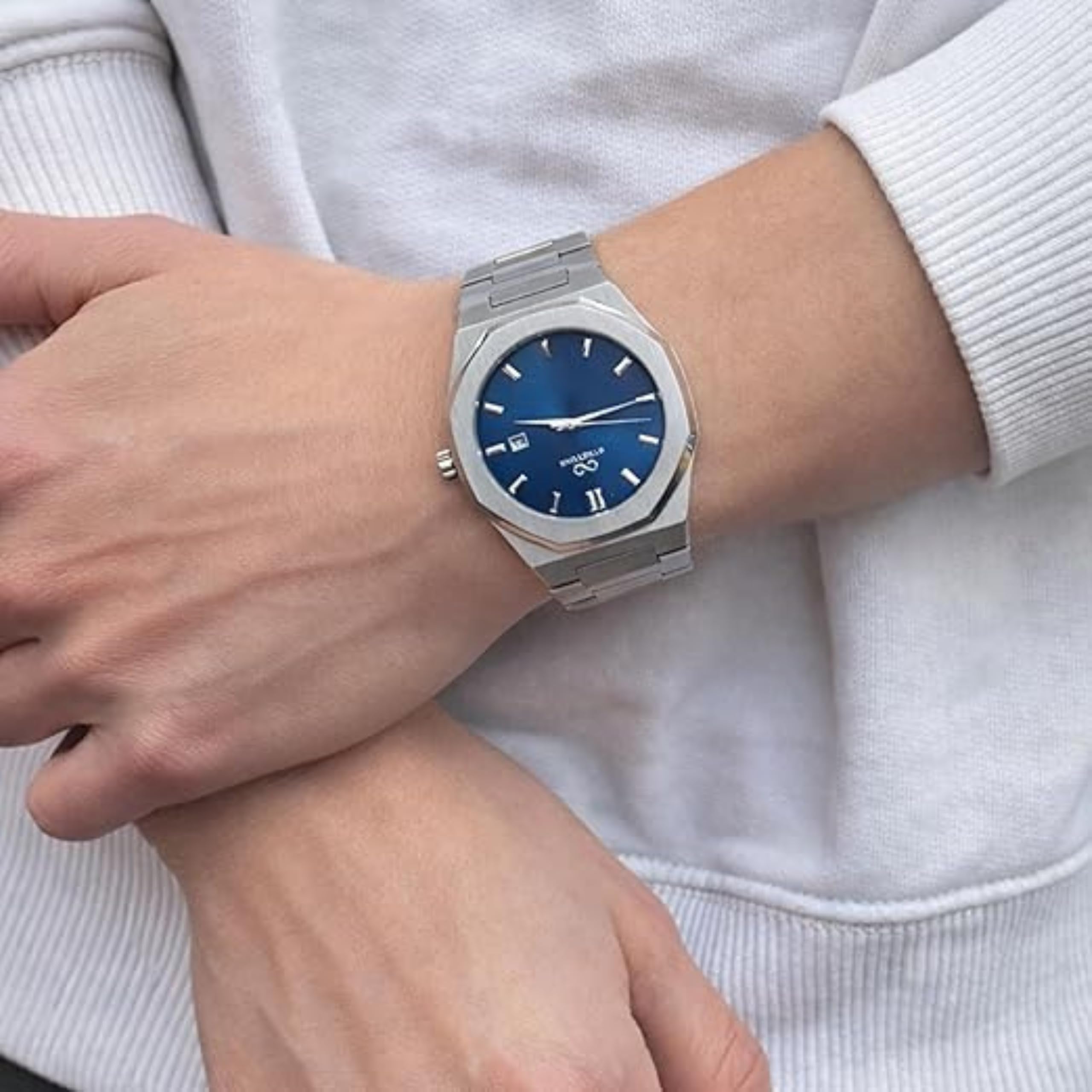 Stretone Men's Stainless Steel Octagonal Quartz Watch Blue Dial