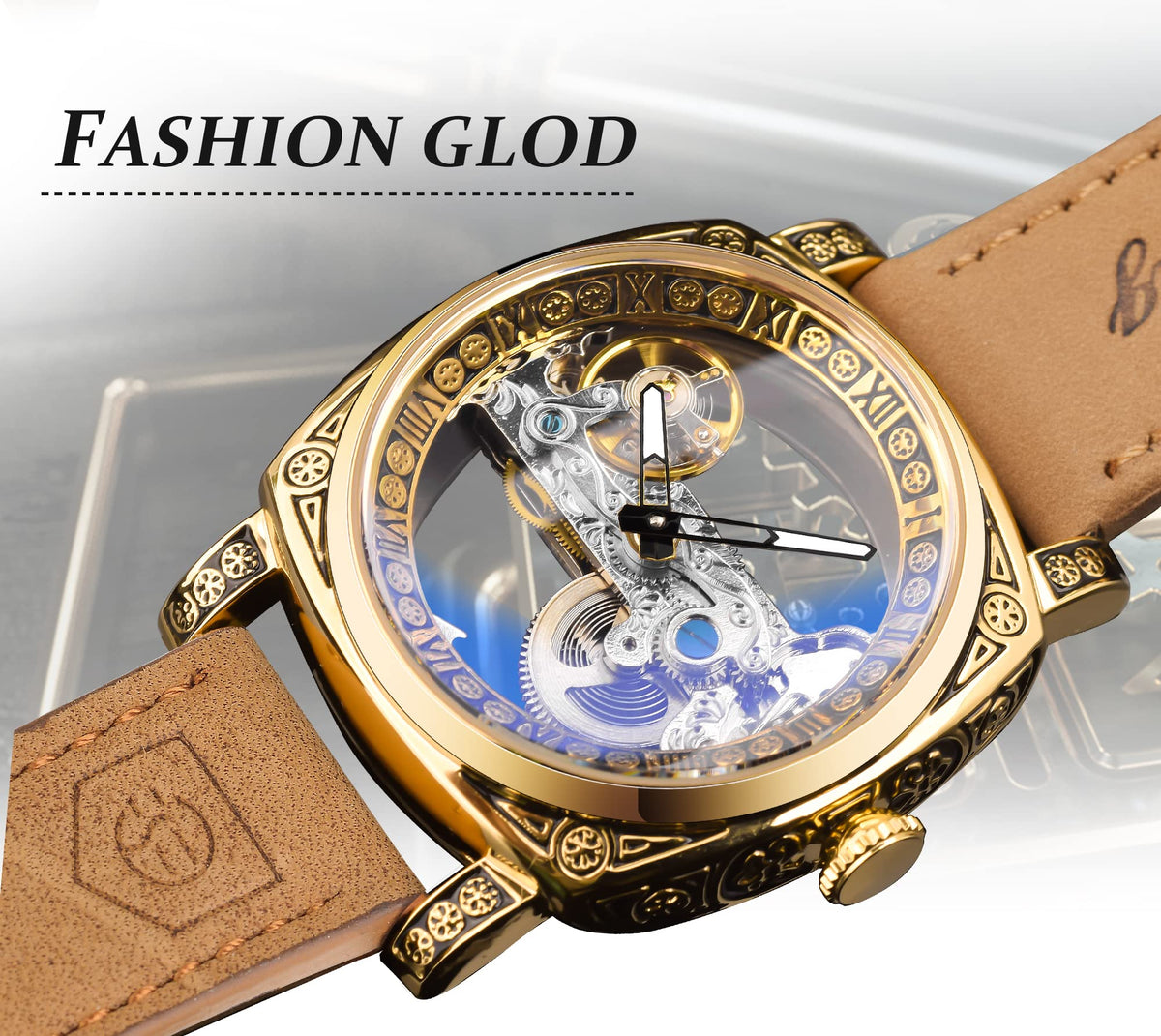 FORSINING Men's Automatic Skeleton Watch – Square Gold Dial