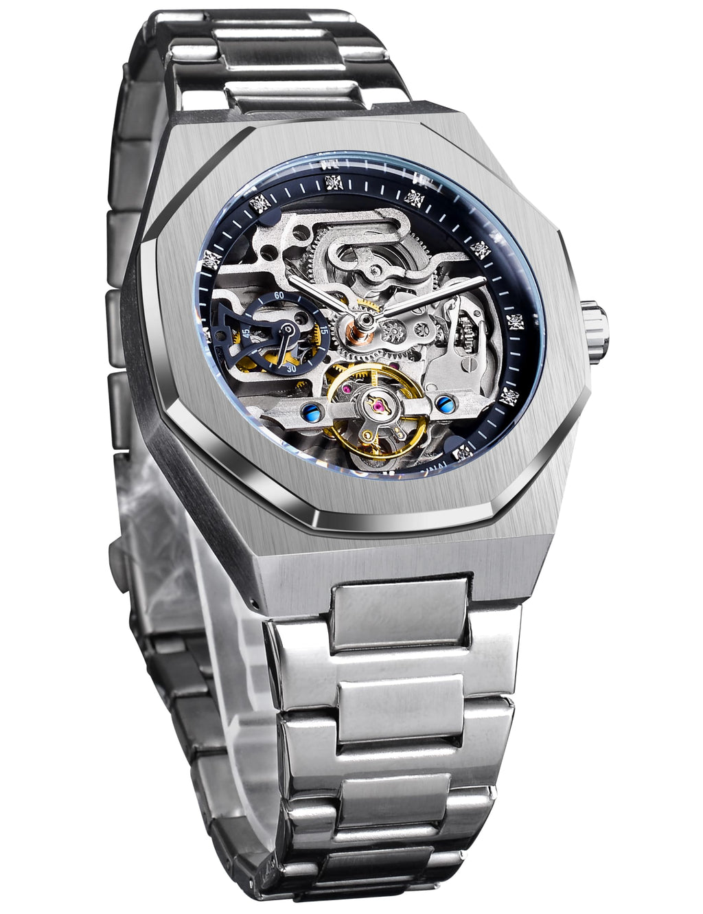 FORSINING Men's Silver Automatic Skeleton Watch – Octagonal Case