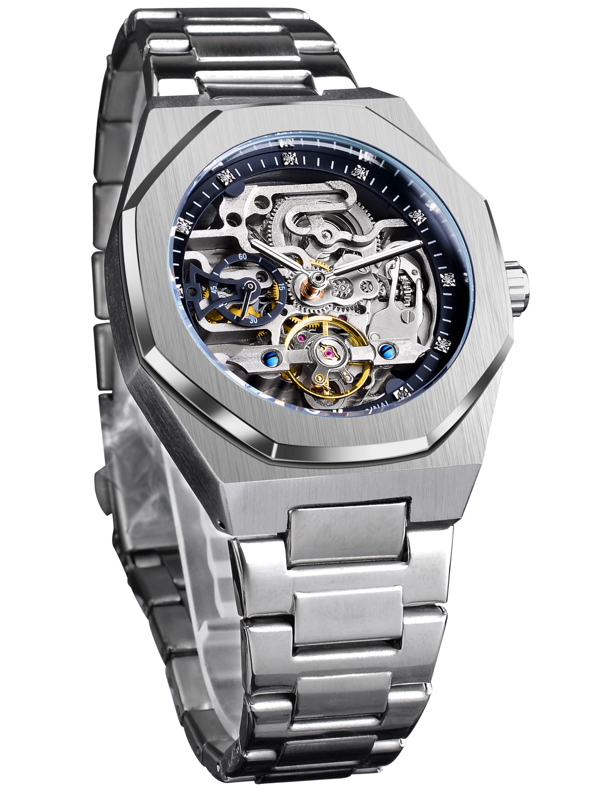 FORSINING Men's Silver Automatic Skeleton Watch – Octagonal Case