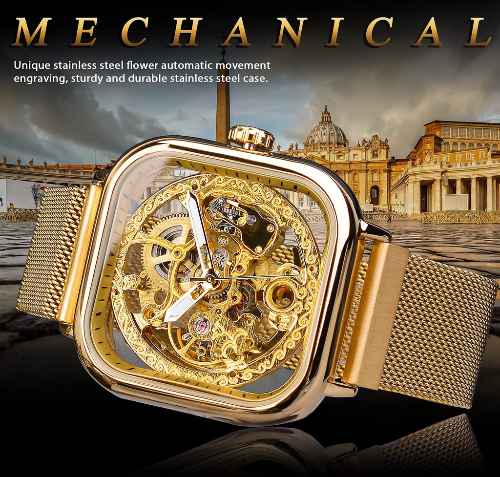 FORSINING Men's Gold Automatic Skeleton Watch – Square Case