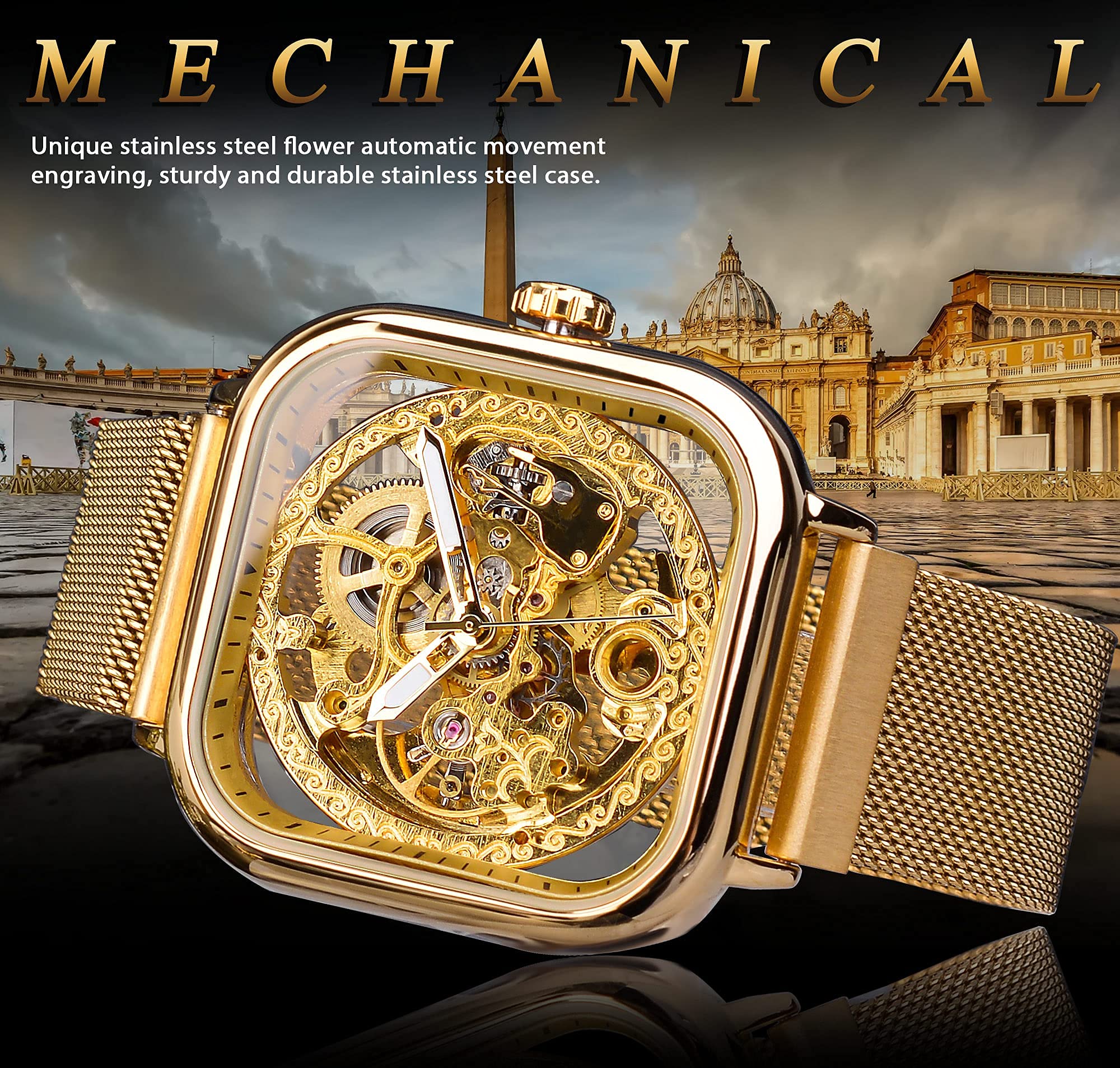 FORSINING Men's Gold Automatic Skeleton Watch – Square Case