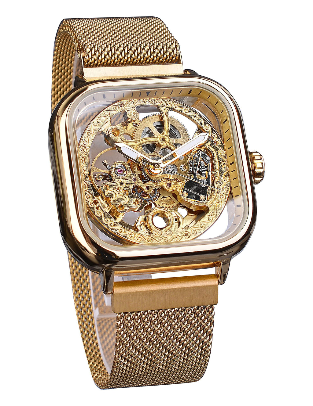FORSINING Men's Gold Automatic Skeleton Watch – Square Case
