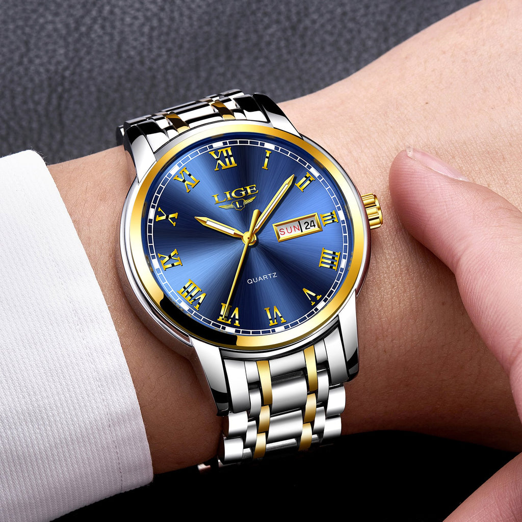 LIGE Men's Stainless Steel Quartz Dress Watch – Blue Dial
