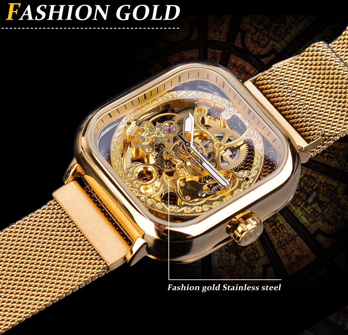 FORSINING Men's Gold Automatic Skeleton Watch – Square Case
