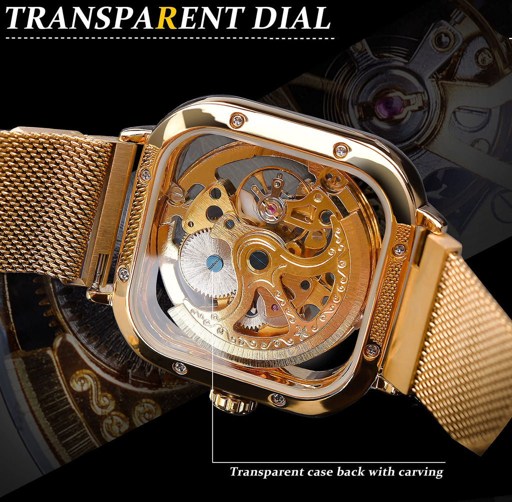 FORSINING Men's Gold Automatic Skeleton Watch – Square Case