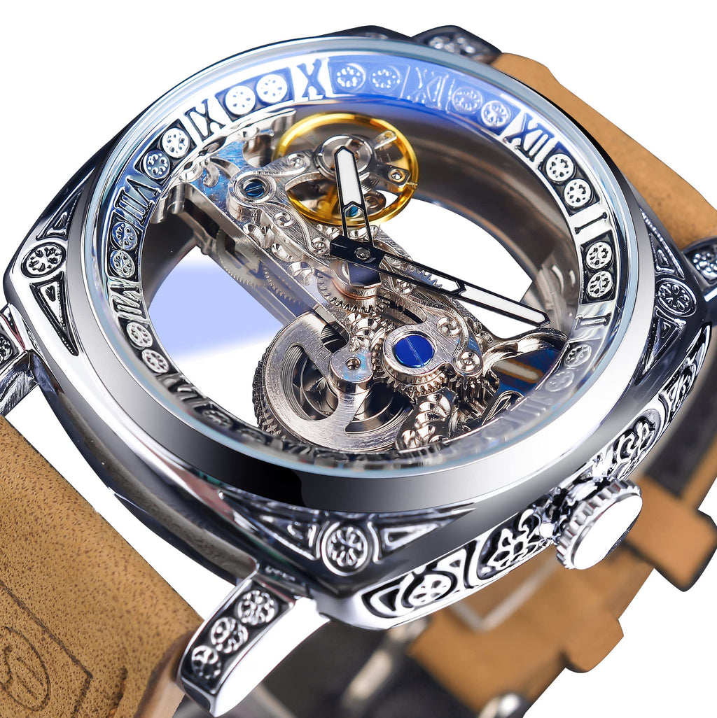 FORSINING Men's Automatic Skeleton Watch – Square Gold Dial
